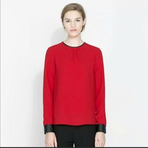 Zara red pleather trimmed long sleeve blouse sz S